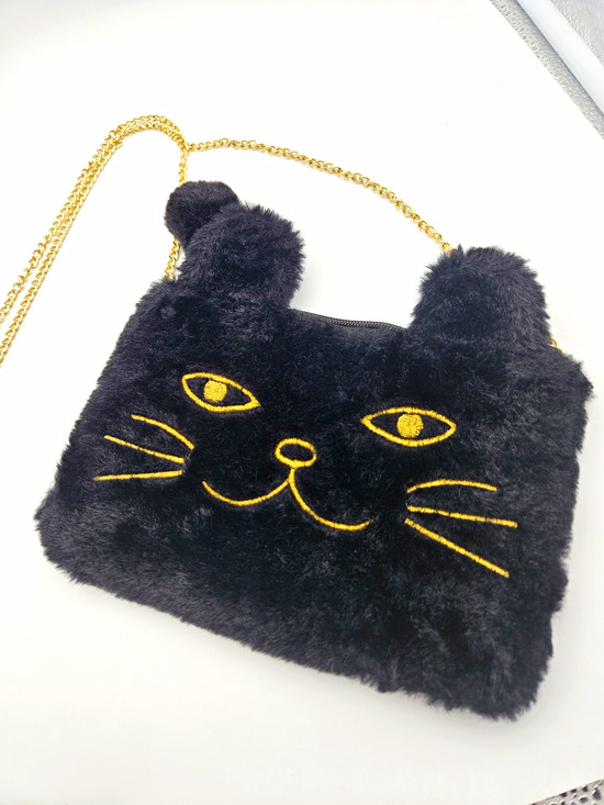 Unbranded Handbags - Black Cat Face Small Crossbody Bag Gold Chain Strap Zip Closure Lined